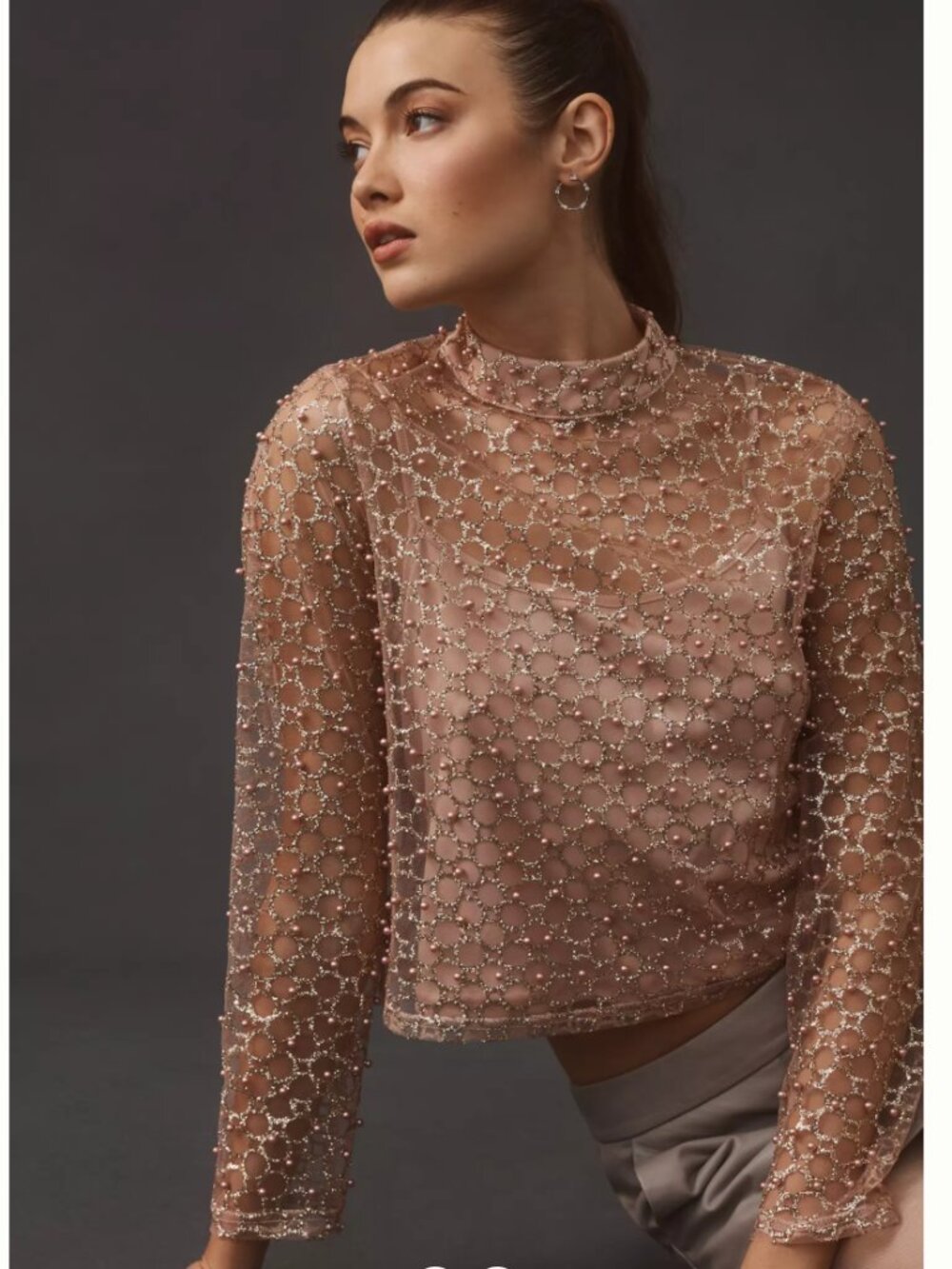 Anthropologie Blue Tassel Pink Pearl Glitter Crop Top NWOT